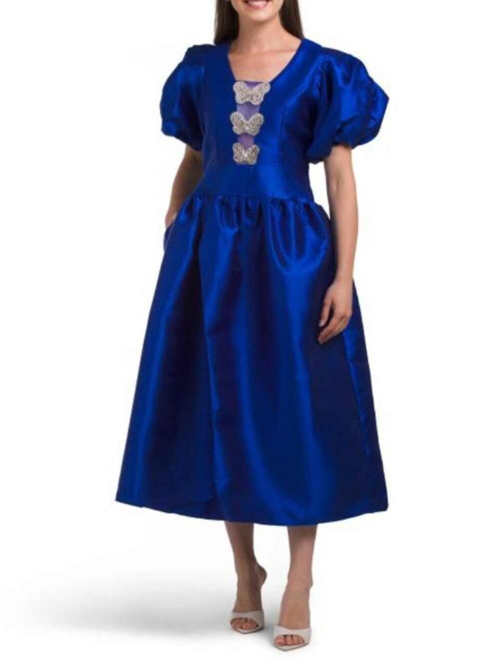 NANCY YANG Puff Sleeve Embelished Decal Dress